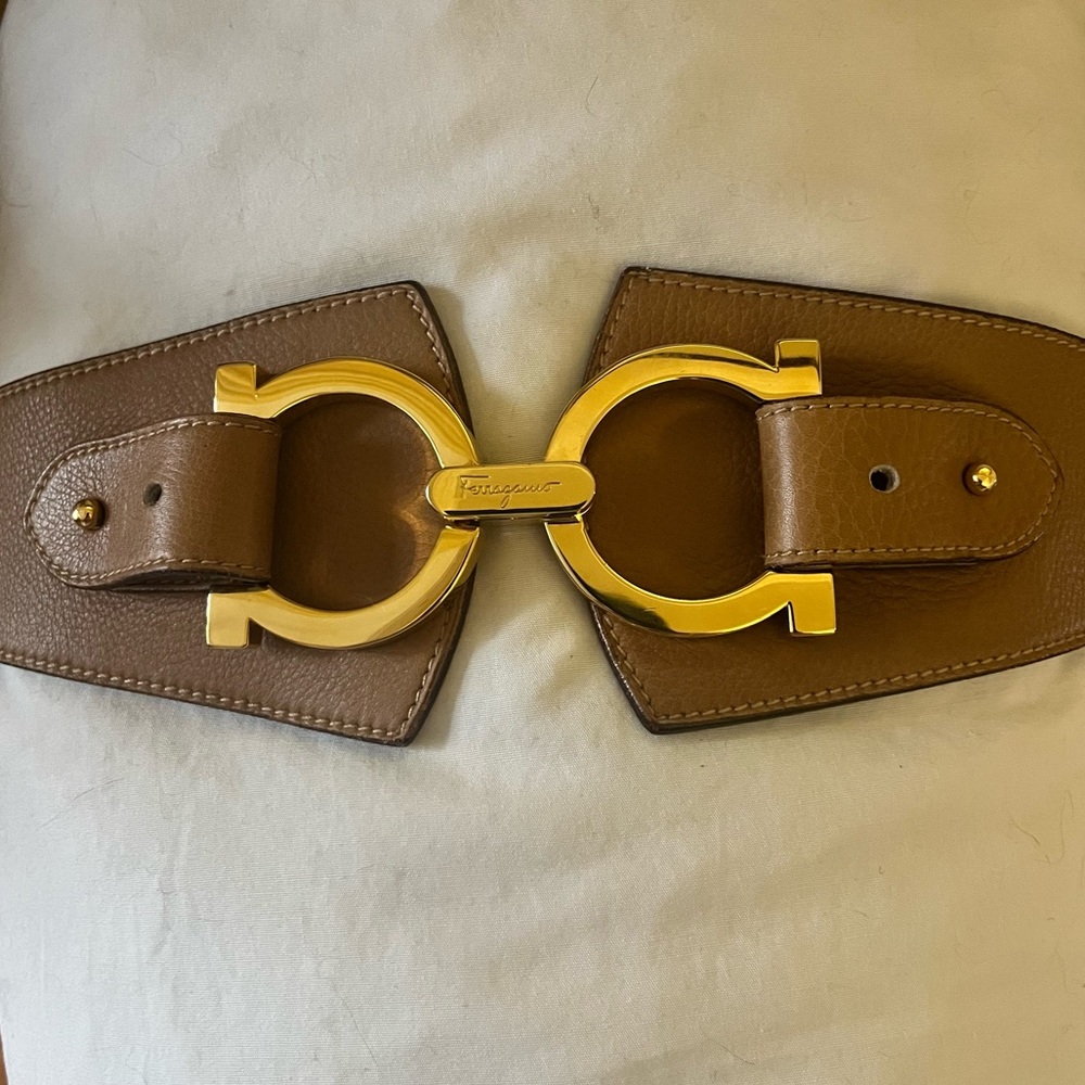 Salvatore Ferragamo Brown Leather Waist Belt with Gold Double Gancini Buckle